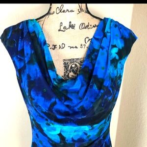 LAUREN Ralph Sleeveless Ruched Dress Cobalt Blue Abstract Floral BodyCon Cowl